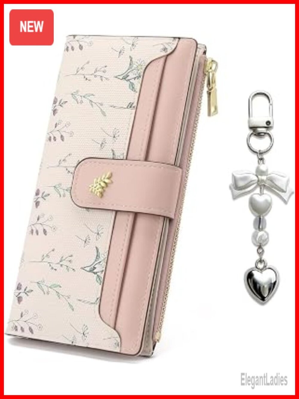 Bifold Long Wallet RFID Blocking Floral Vegan Leather Card Holder with Keychain